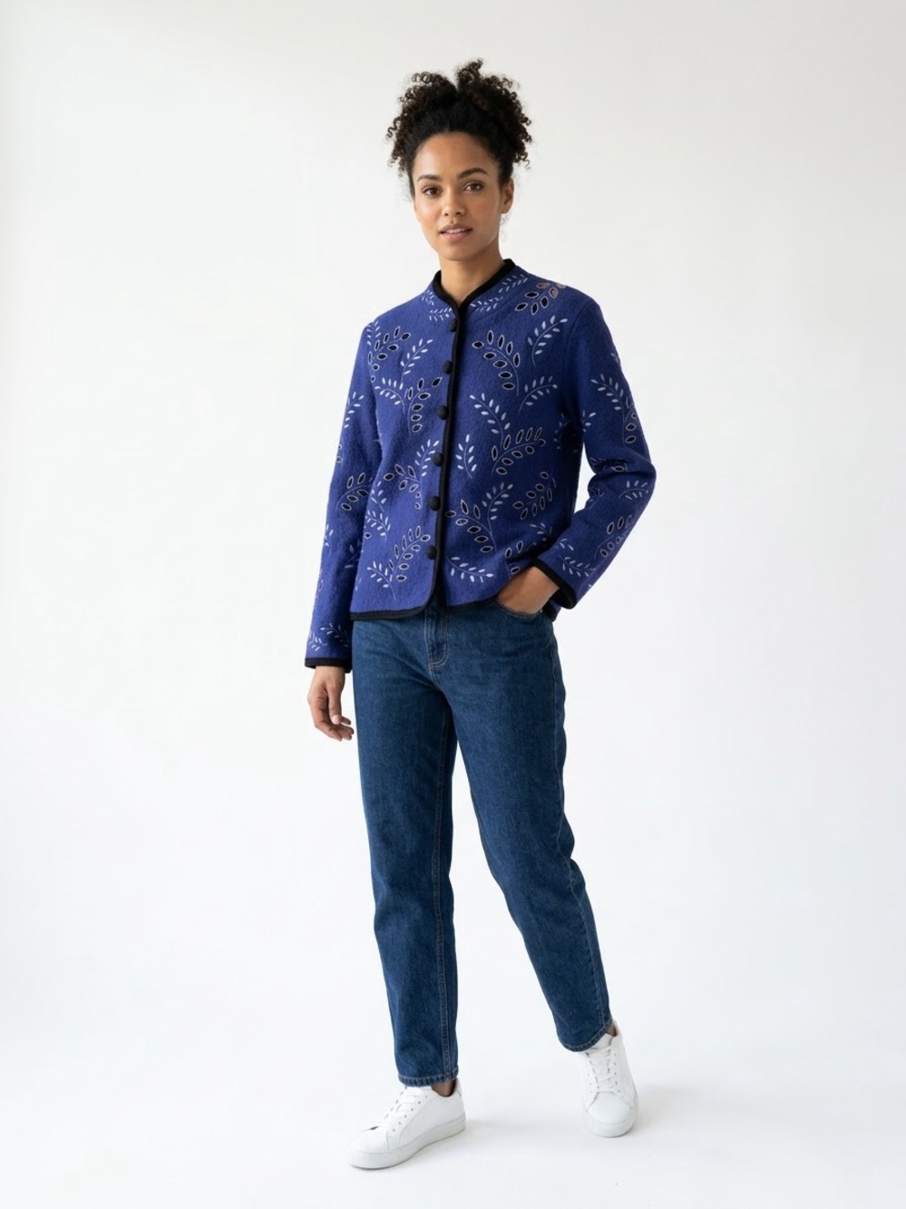 CoVelo 100% Wool Embroidered Cardigan Jacket Blue Small Art to Wear Frog Button